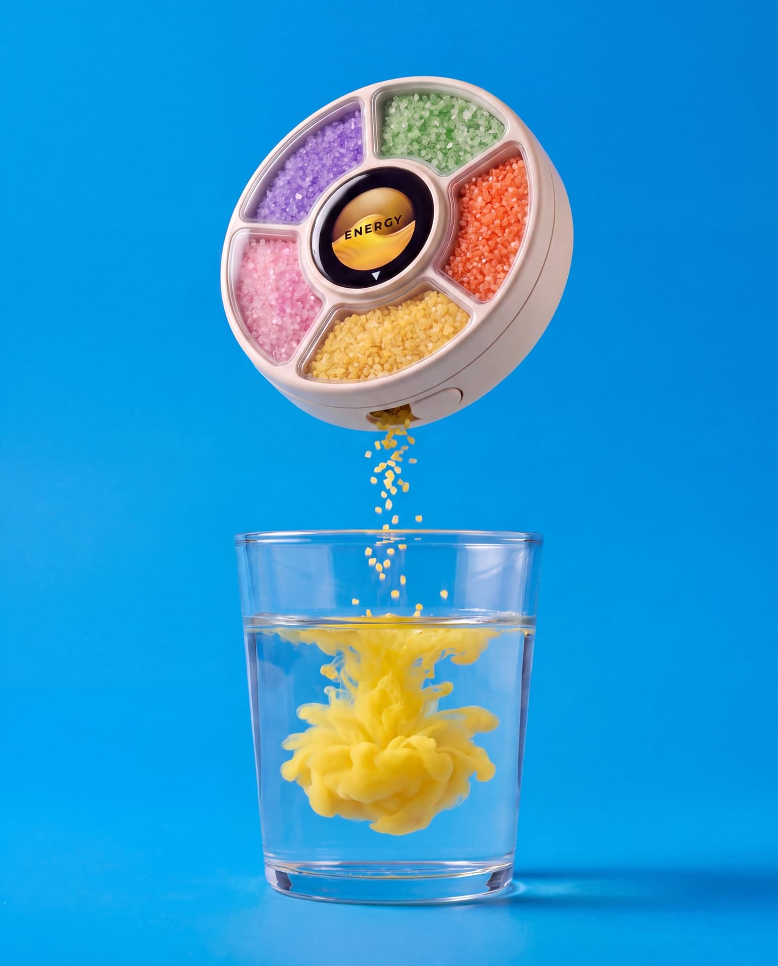 GO DROPS tipped over a glass of water, a thin stream of granules pouring from the side aperture and dissolving into a coloured cloud